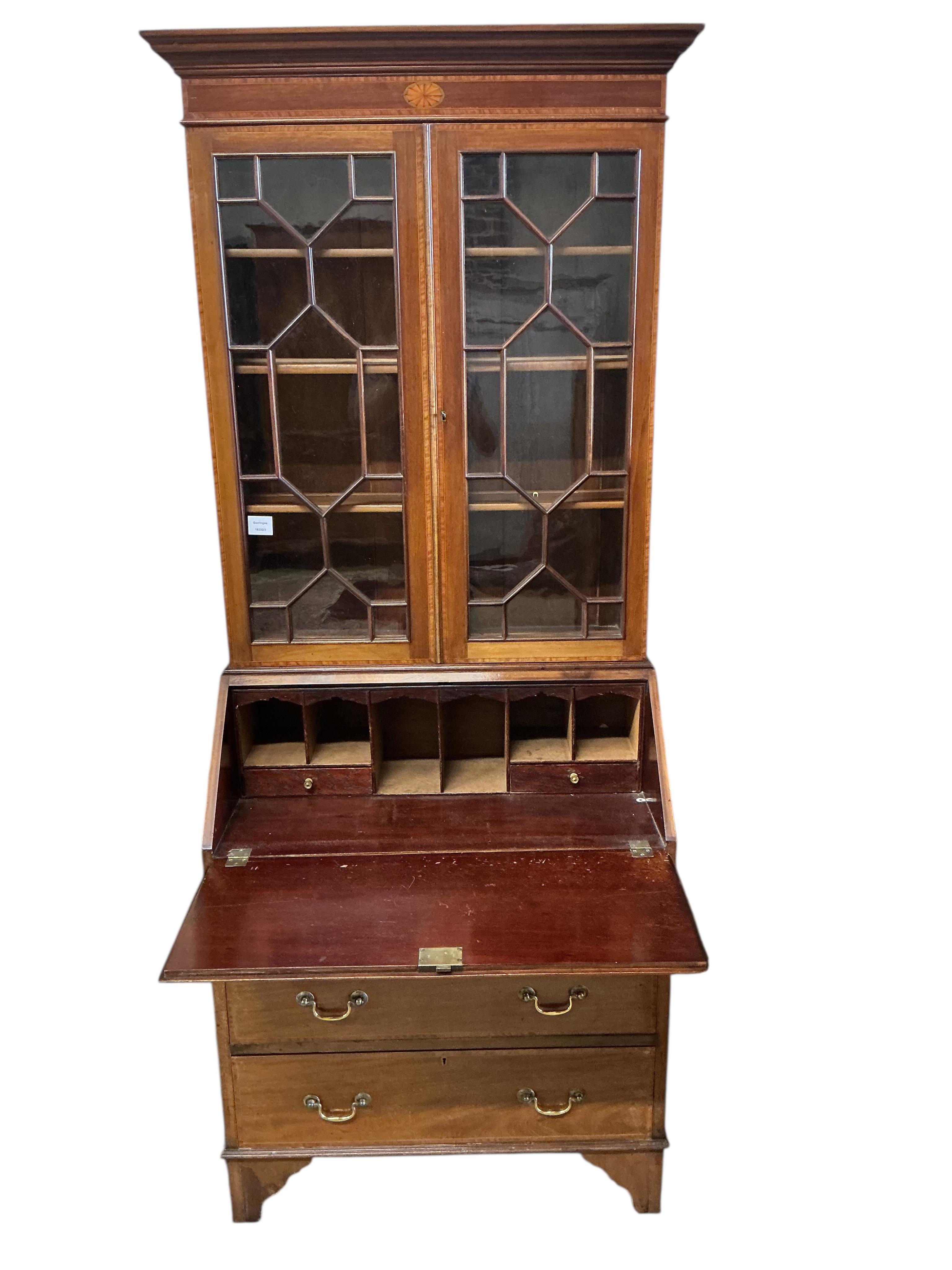 An Edwardian inlaid mahogany bureau bookcase, width 77cm, depth 43cm, height 196cm
